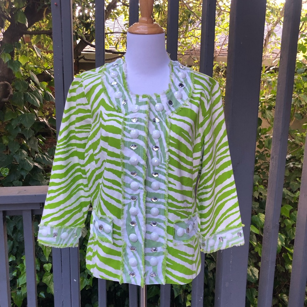 Berek Lime White Zebra Print Mesh Beaded Womens Blazer Jacket Coat Suit size M